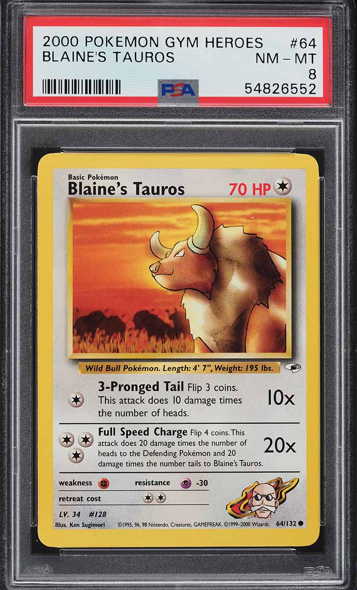 2000 Pokemon Gym Heroes Blaine's Tauros #64 PSA 8 NM-MT