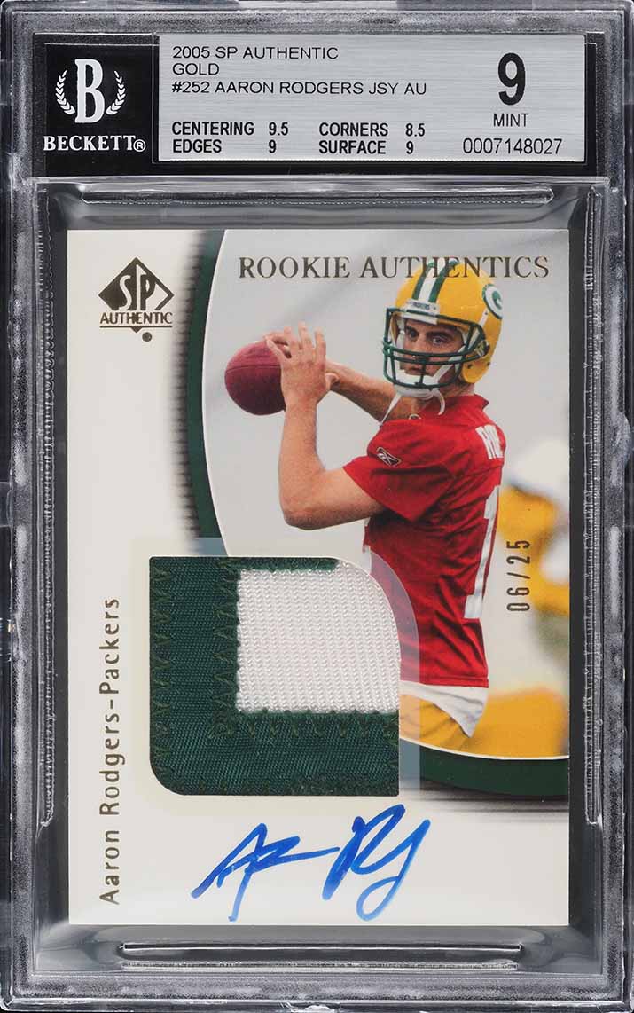 2005 SP Authentic Gold Aaron Rodgers ROOKIE PATCH AUTO /25 #252 BGS 9 MINT