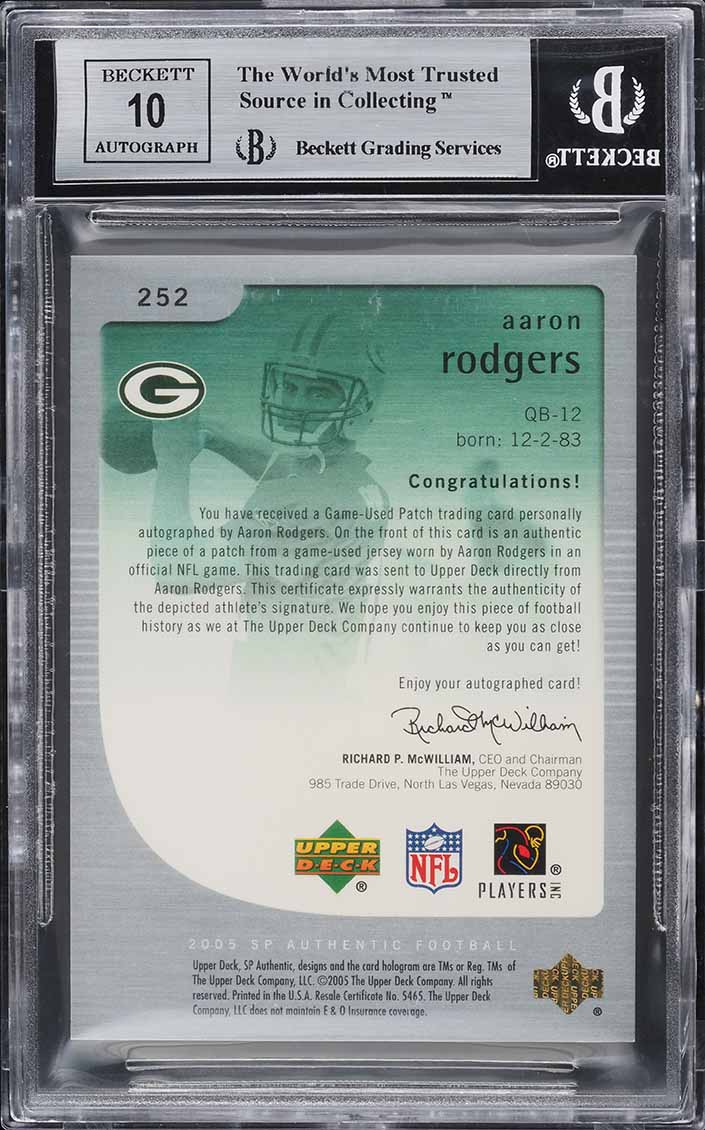 2005 SP Authentic Gold Aaron Rodgers ROOKIE PATCH AUTO /25 #252 BGS 9 MINT
