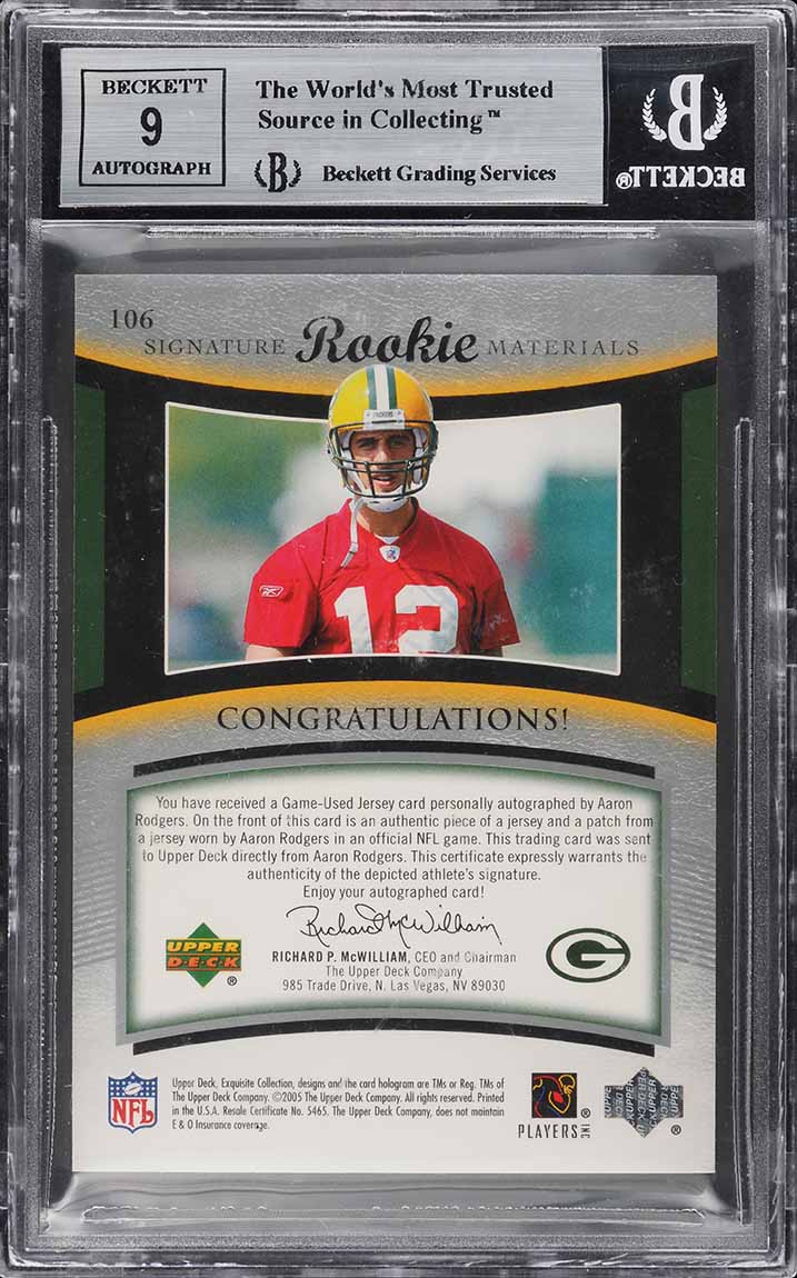 2005 Exquisite Collection Aaron Rodgers ROOKIE PATCH AUTO /199 #106 BGS 9 MINT