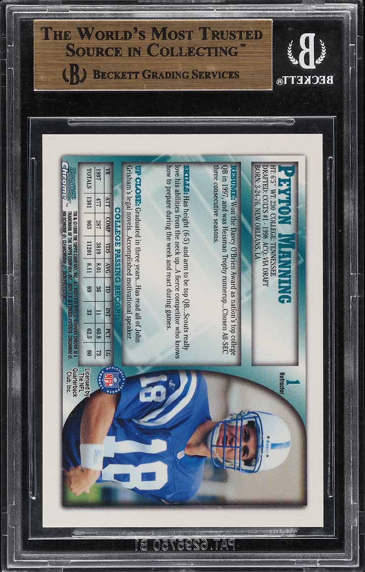1998 Bowman Chrome Refractor Peyton Manning ROOKIE #1 BGS 10 PRISTINE