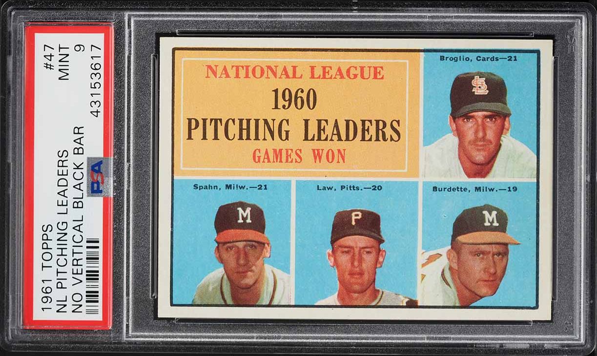 1961 Topps Warren Spahn NL Pitching LDRS NO VERTICAL BAR #47 PSA 9 MINT