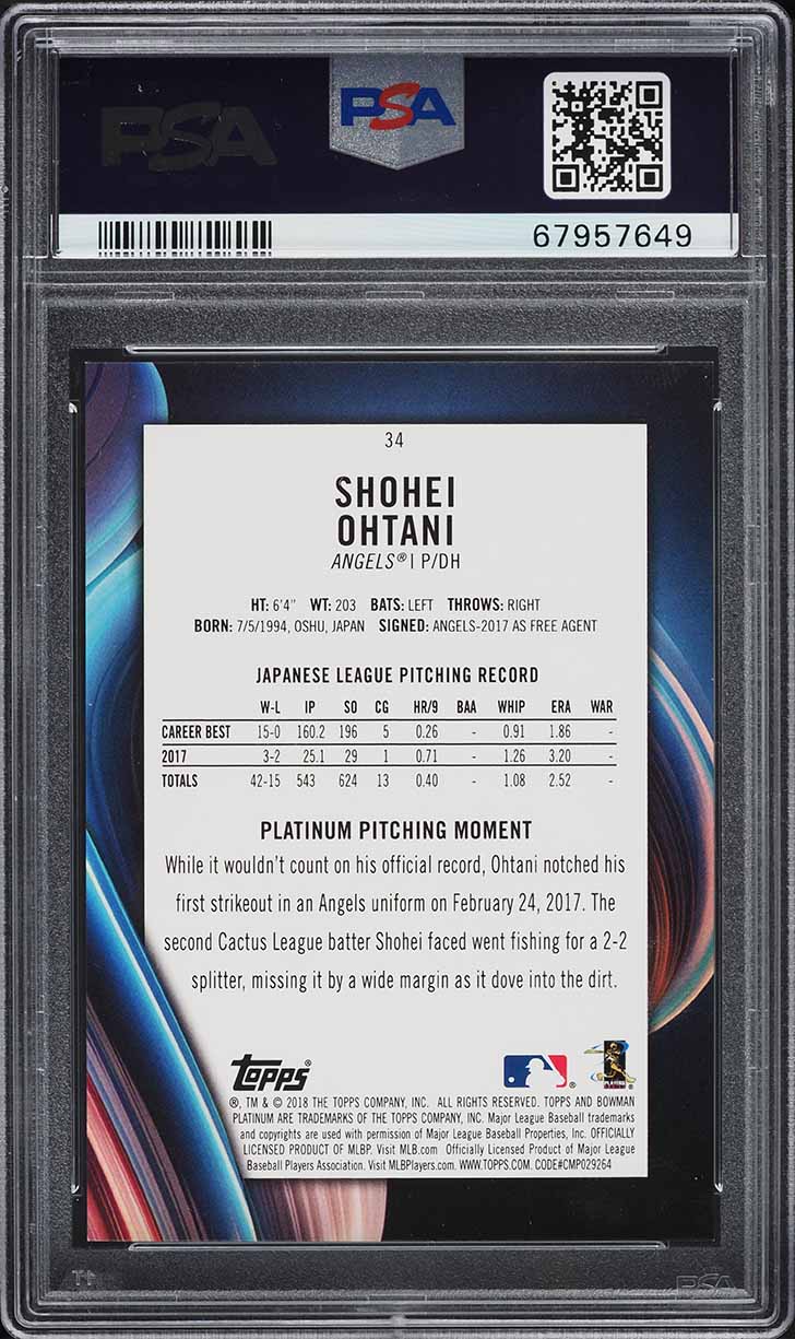 2018 Bowman Platinum With Glove Purple Shohei Ohtani ROOKIE /250 #34 PSA 10 GEM