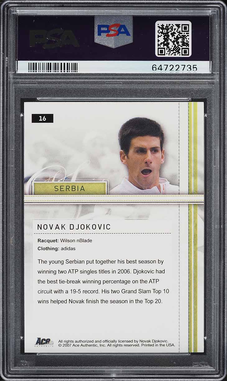 2007 Ace Authentic Straight Sets Novak Djokovic #16 PSA 10 GEM