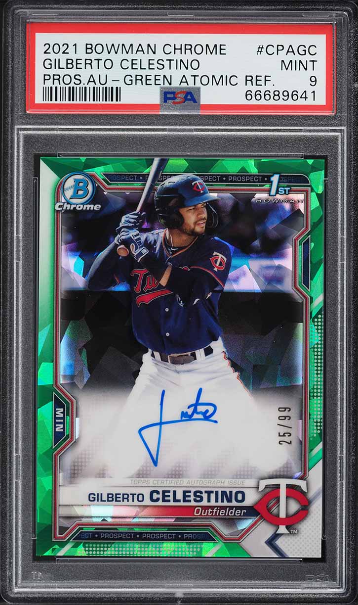 2021 Bowman Chrome Green Atomic Refractor Gilberto Celestino RC AUTO /99 PSA 9