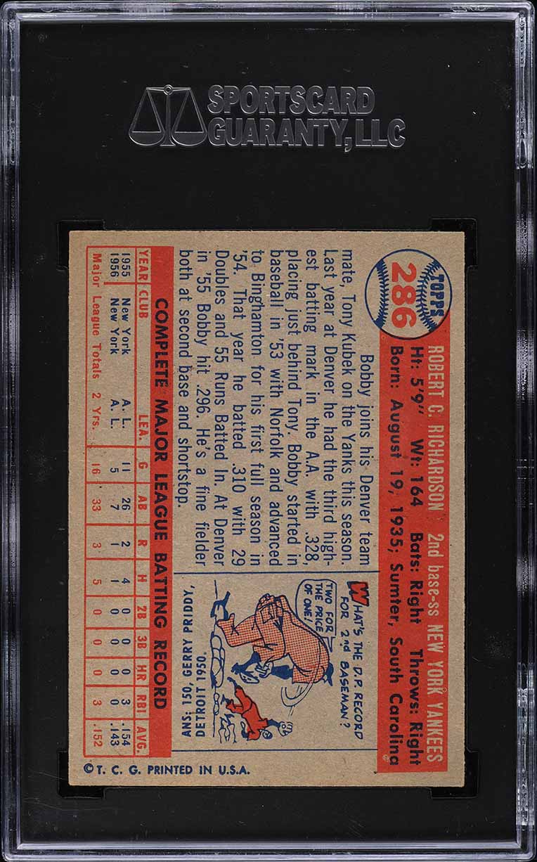 1957 Topps Bobby Richardson ROOKIE #286 SGC 7 NRMT
