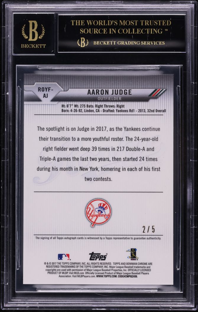 2017 Bowman Chrome ROY Red Refractor Aaron Judge RC AUTO /5 BGS 10 BLACK LABEL