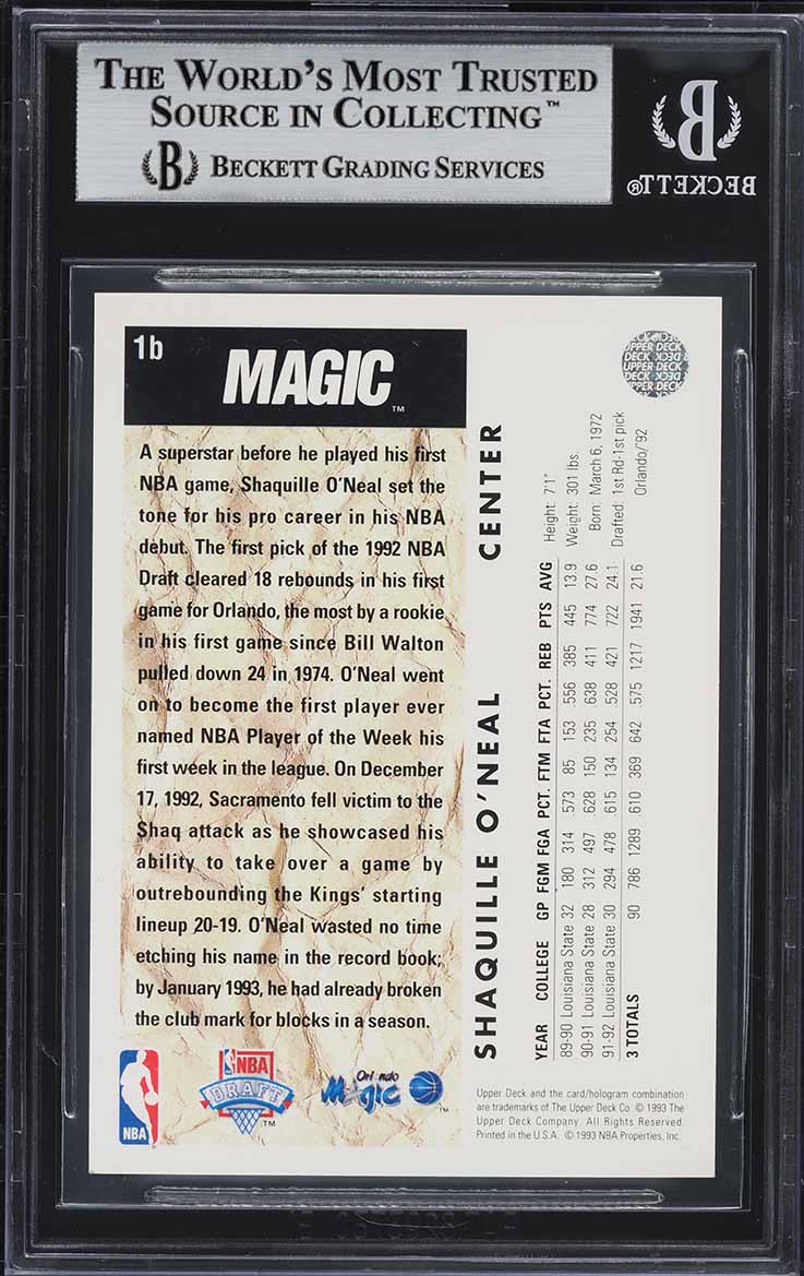 1992 Upper Deck Trade Card Shaquille O'Neal ROOKIE AUTO #1b BAS BGS AUTH
