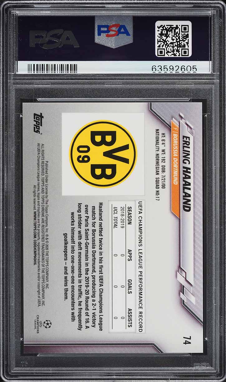 2019 Topps Chrome UEFA Sapphire Erling Haaland ROOKIE #74 PSA 10 GEM MINT