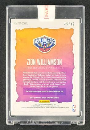 2019 Court Kings Fresh Paint Ruby Zion Williamson RC AUTO /49 #FP-ZWL MBA AUTH