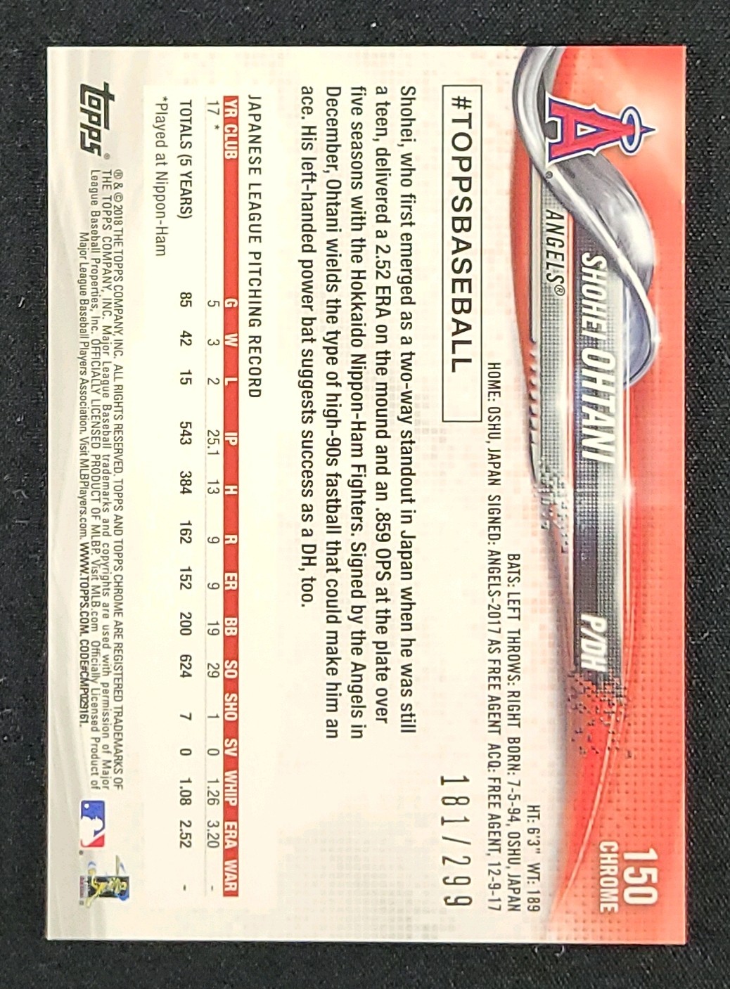 2018 Topps Chrome Purple Refractor Shohei Ohtani ROOKIE /299 #150