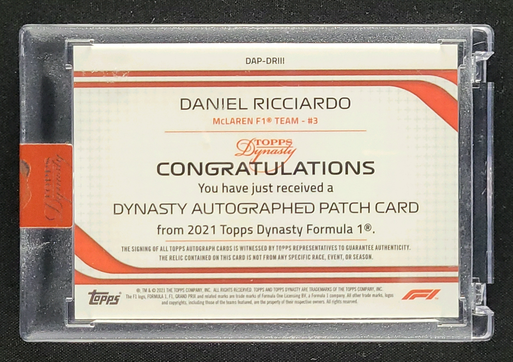2021 Topps Dynasty Formula 1 Daniel Ricciardo PATCH AUTO /10 #DAP 