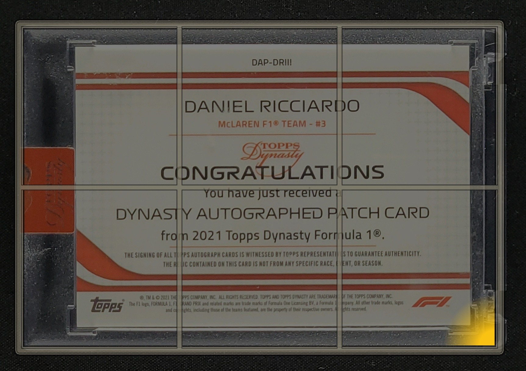 2021 Topps Dynasty Formula 1 Daniel Ricciardo PATCH AUTO /10 #DAP 
