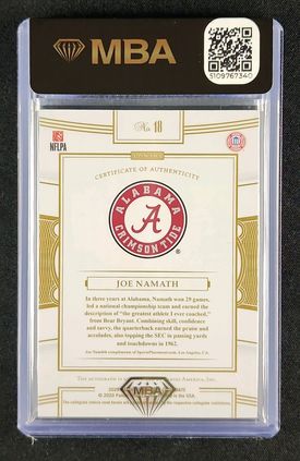 2020 Panini Flawless Collegiate  Gold Joe Namath AUTO /10 #18 MBA AUTH