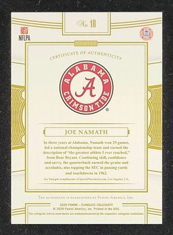 2020 Panini Flawless Collegiate  Gold Joe Namath AUTO /10 #18 MBA AUTH