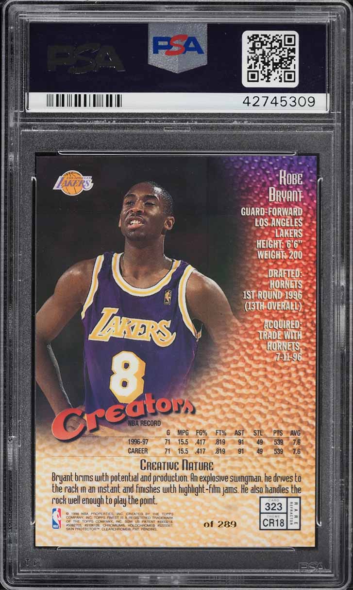 1997 Finest Gold Refractor Kobe Bryant MISSING SERIAL /289 #323 PSA 10 GEM MINT
