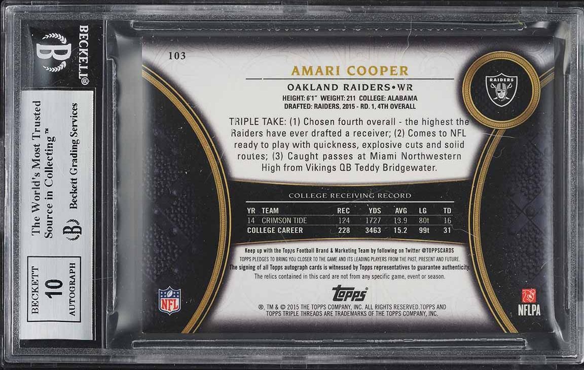 2015 Topps Triple Threads Sapphire Amari Cooper ROOKIE PATCH AUTO /10 #103 BGS 9