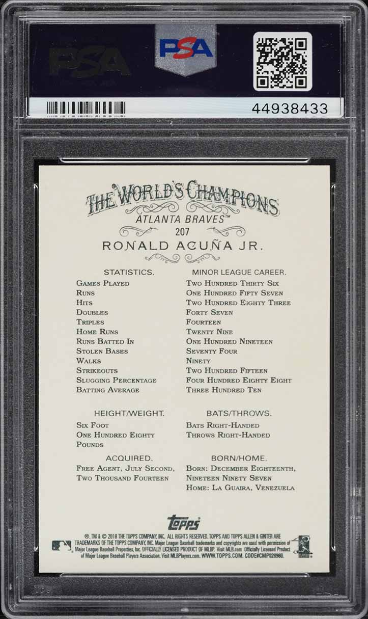 2018 Topps Allen & Ginter Ronald Acuna Jr. ROOKIE #207 PSA 10 GEM MINT