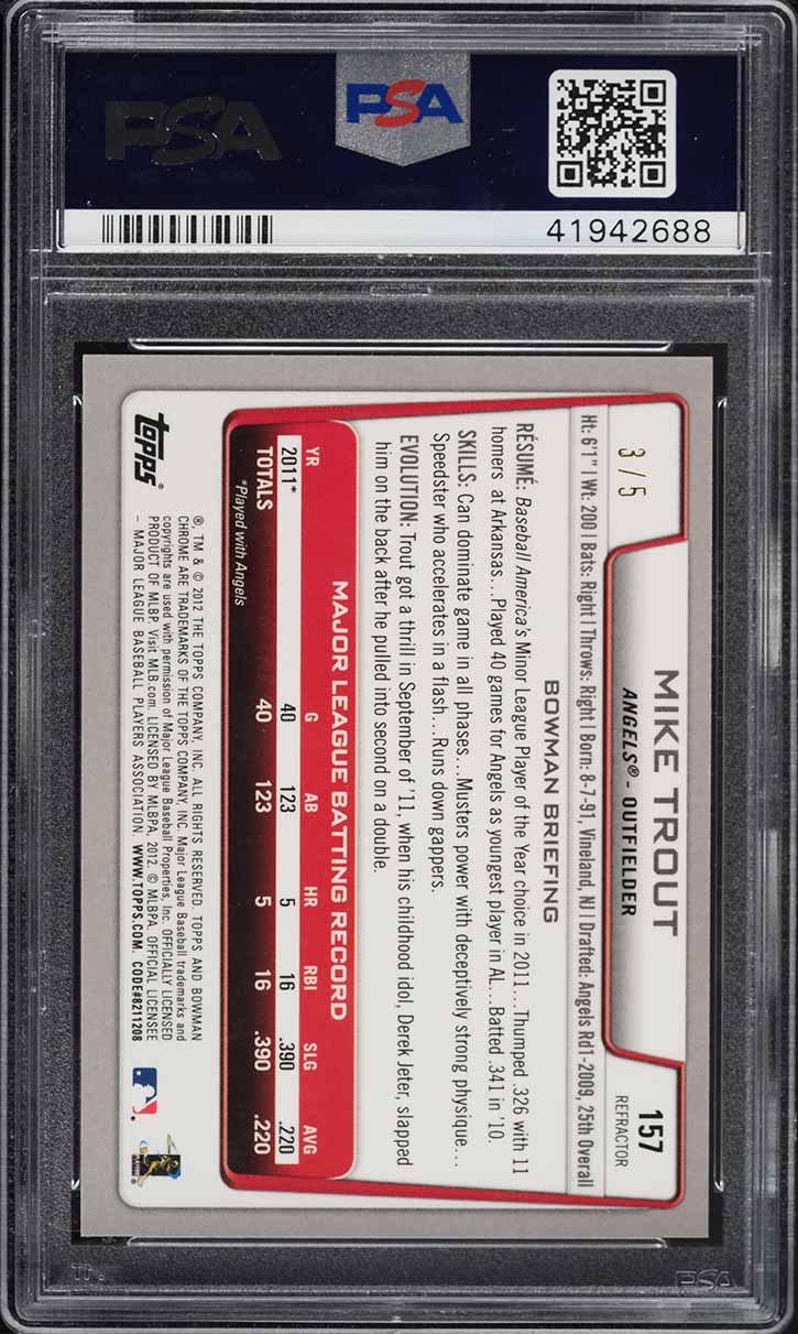2012 Bowman Chrome Red Refractor Mike Trout ROOKIE /5 #157 PSA 9 MINT