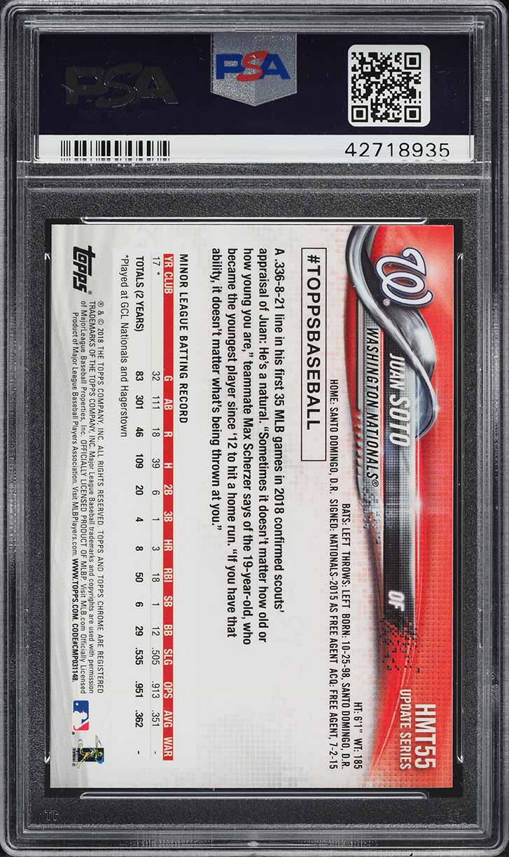 2018 Topps Chrome Update Juan Soto ROOKIE #HMT55 PSA 10 GEM MINT