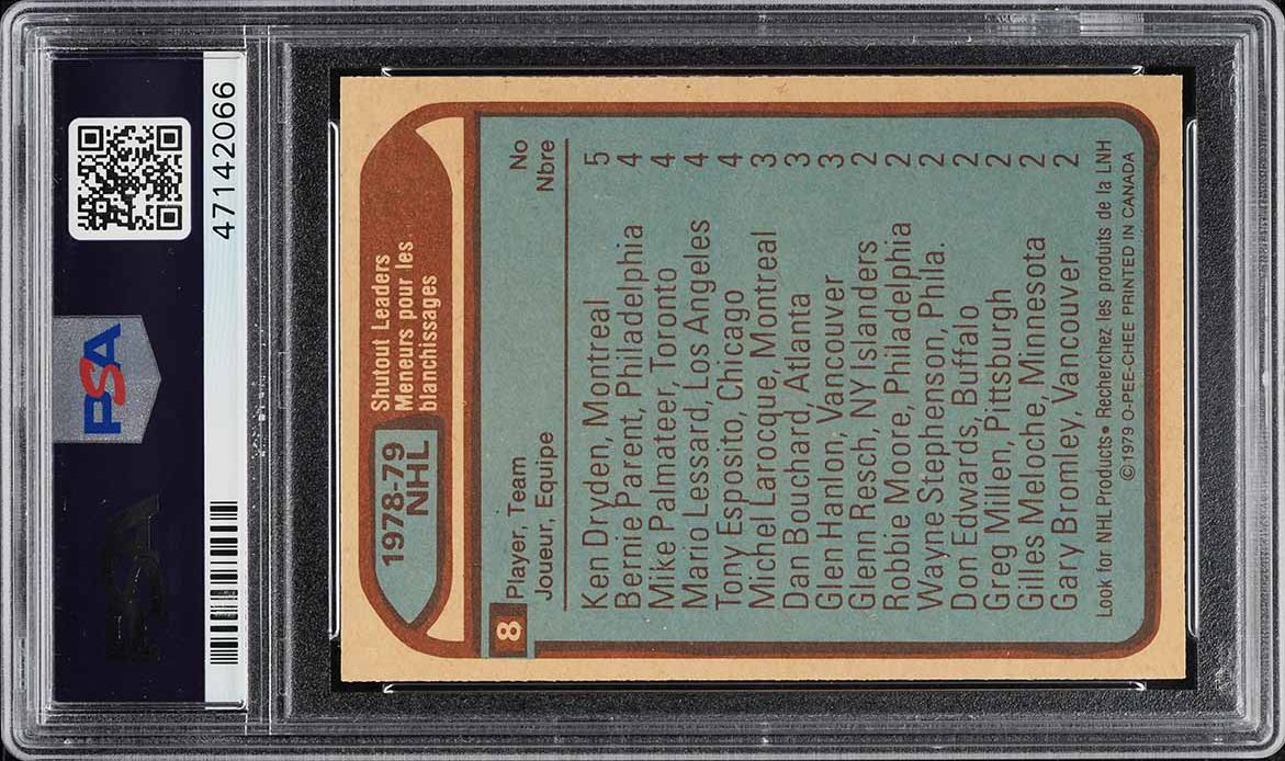 1979 O-Pee-Chee Hockey Ken Dryden Tony Esposito Bernie Parent LDRS #8 PSA 9 MINT