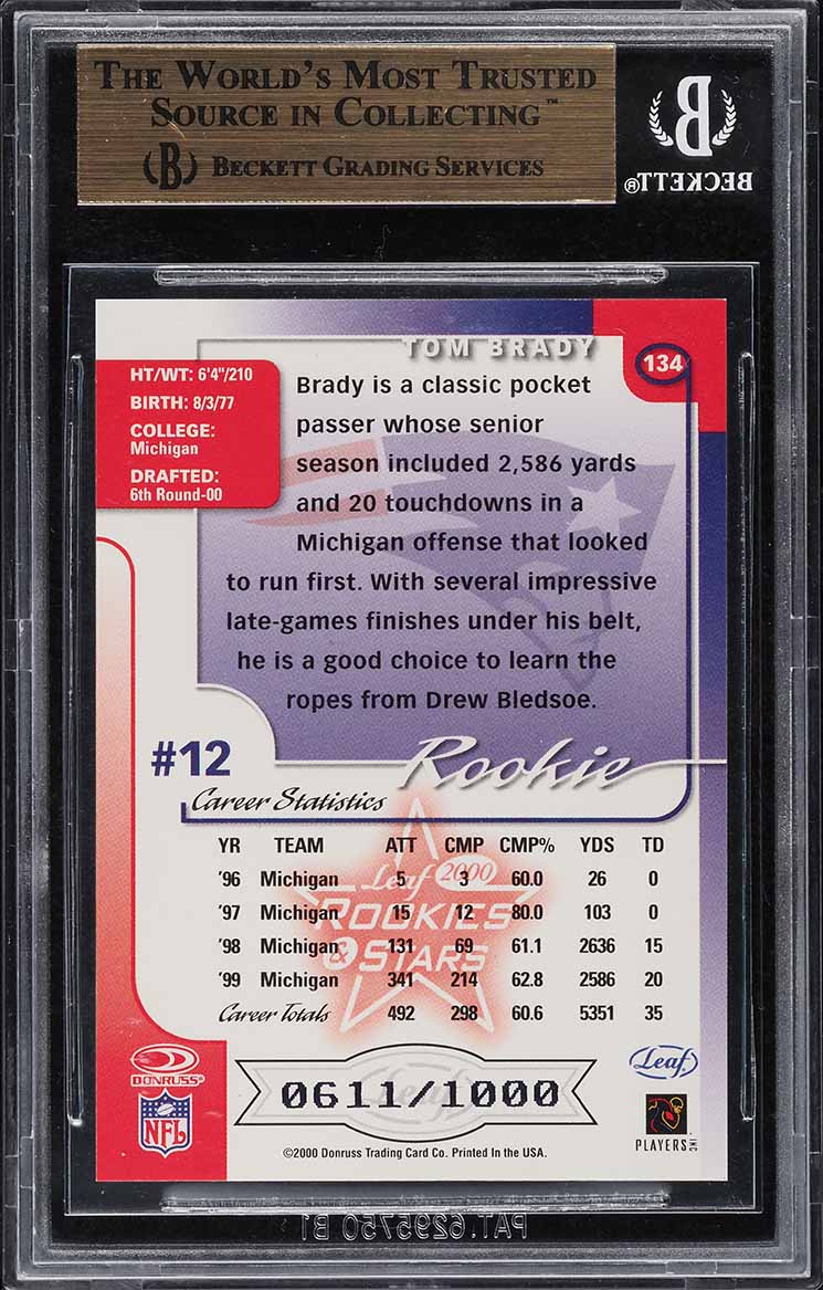 2000 Leaf Rookies & Stars Tom Brady ROOKIE /1000 #134 BGS 9.5 GEM MINT