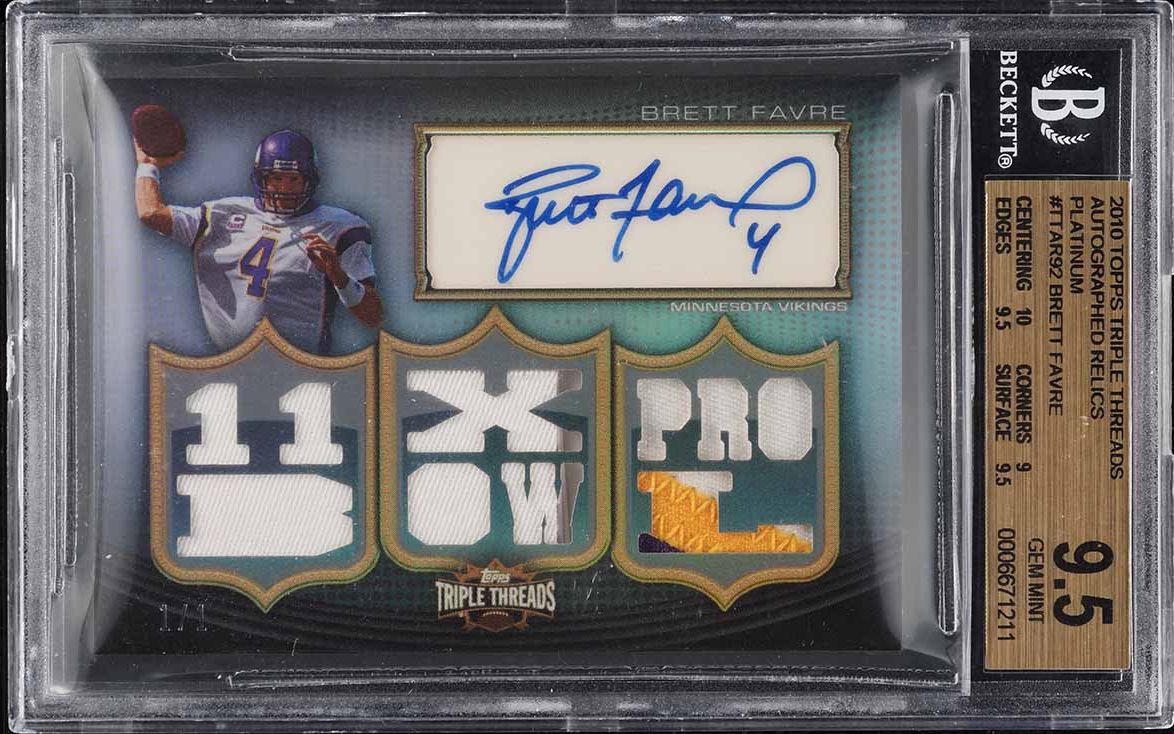 2010 Topps Triple Threads Platinum Brett Favre PATCH AUTO 1/1 #TTRA-92 BGS 9.5
