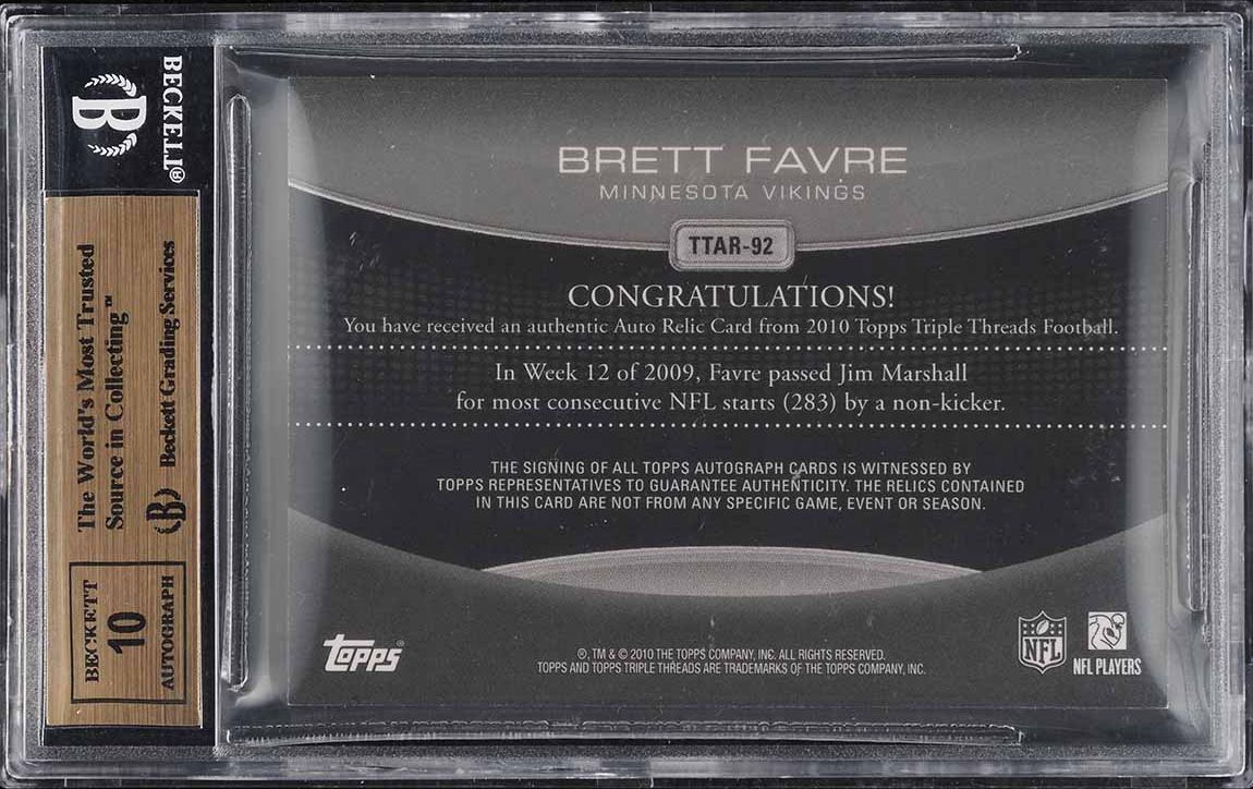 2010 Topps Triple Threads Platinum Brett Favre PATCH AUTO 1/1 #TTRA-92 BGS 9.5