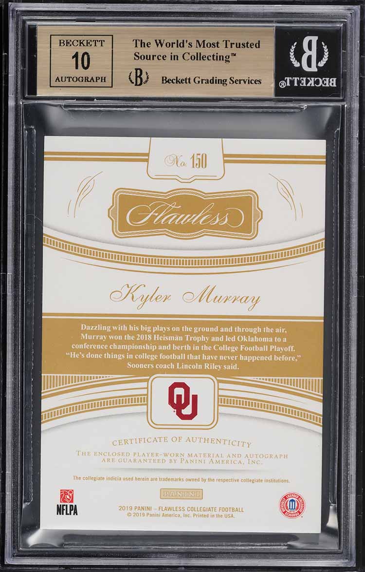 2019 Panini Flawless Collegiate Black Kyler Murray ROOKIE PATCH AUTO 1/1 BGS 9.5