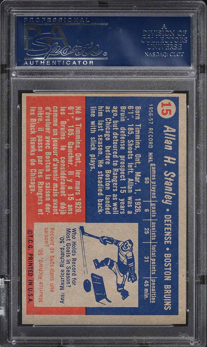 1957 Topps Hockey Allan Stanley #15 PSA 7 NRMT