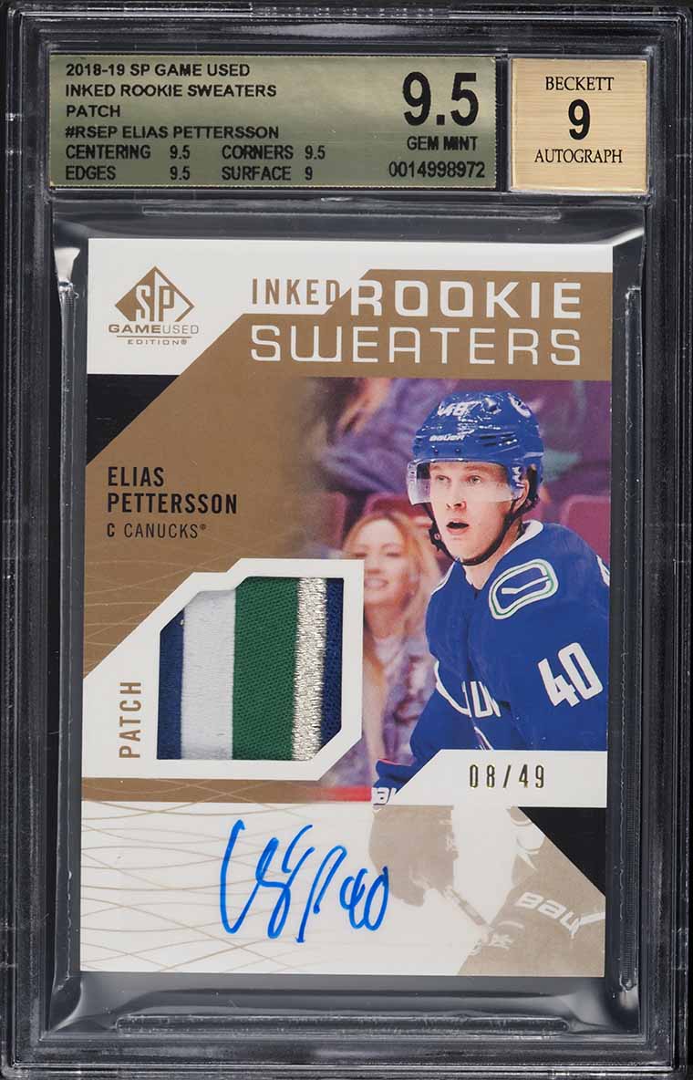 2018 SP Game Used Inked Sweaters Elias Pettersson ROOKIE PATCH AUTO /49 BGS 9.5