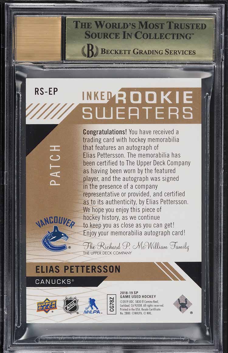 2018 SP Game Used Inked Sweaters Elias Pettersson ROOKIE PATCH AUTO /49 BGS 9.5