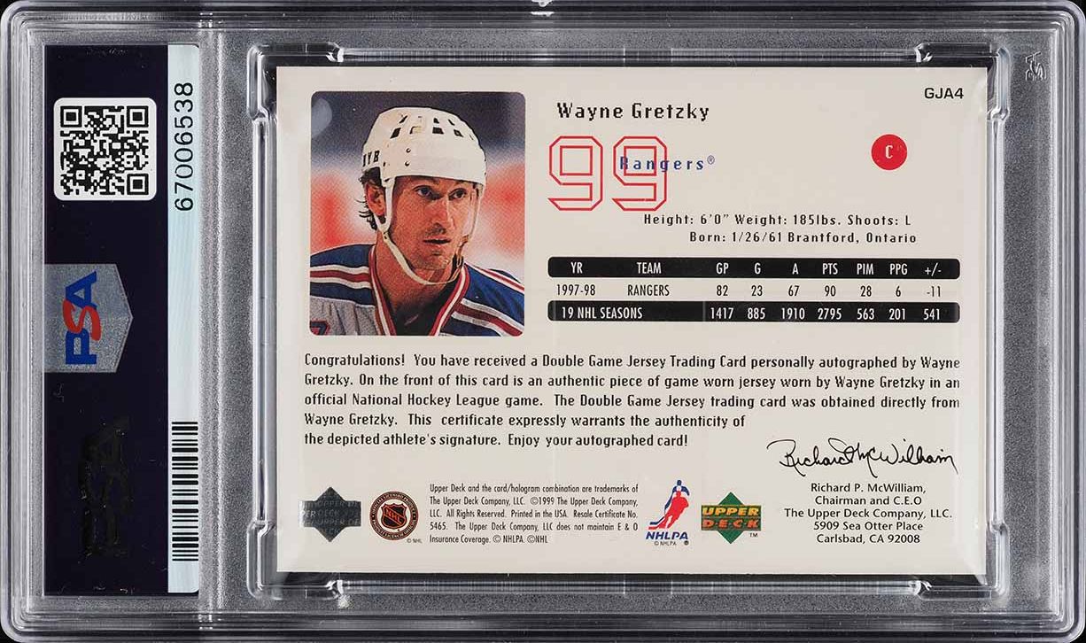 1998 Upper Deck Game Jersey Double Wayne Gretzky PATCH AUTO #GJA4 PSA 9 MINT