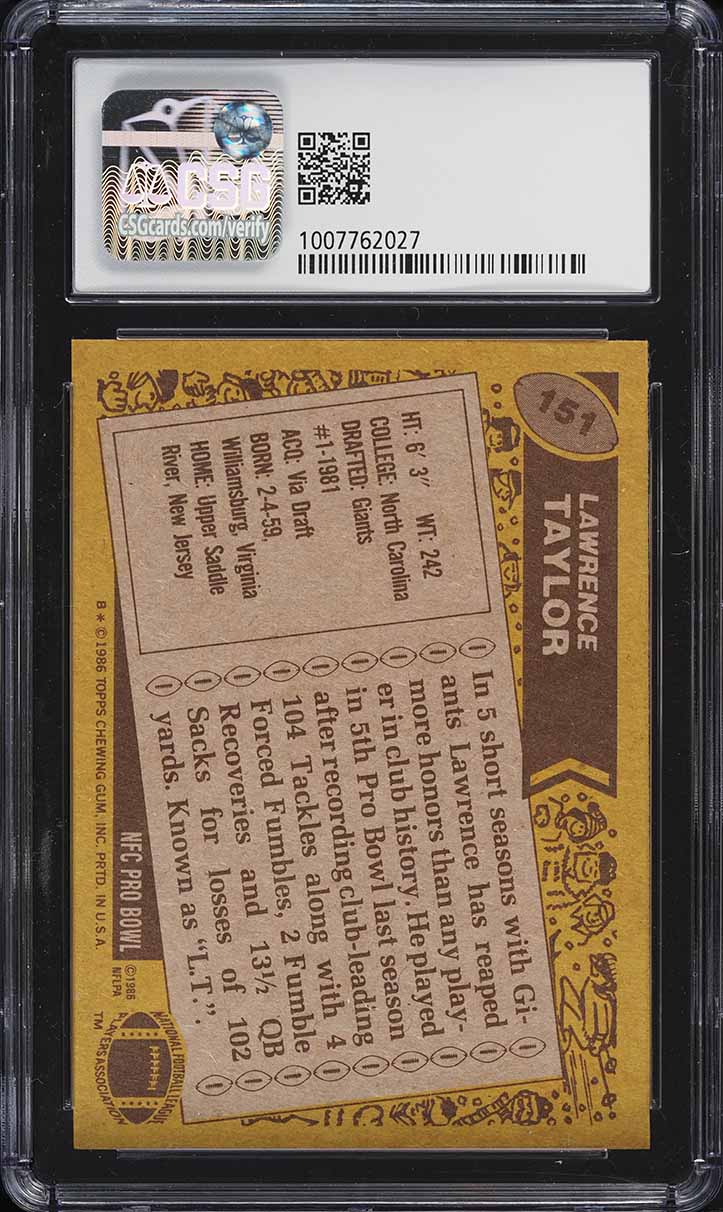 1986 Topps Football Lawrence Taylor ALL-PRO #151 CSG 9 MINT