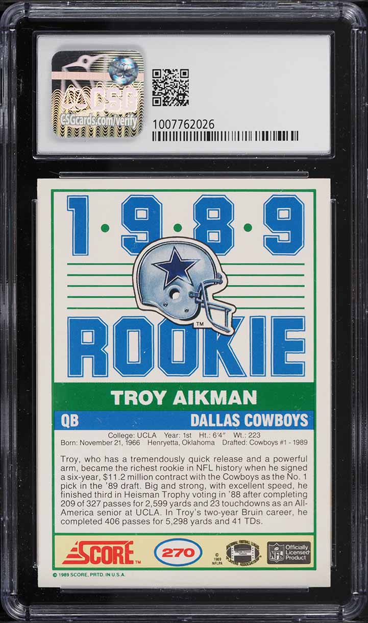 1989 Score Football Troy Aikman ROOKIE #270 CSG 9 MINT on Fanatics