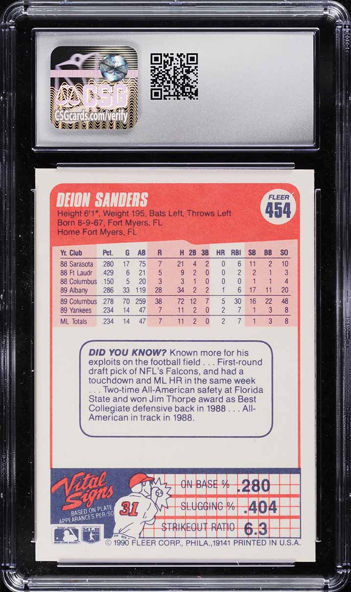 1990 Fleer Deion Sanders #454 CSG 9 MINT