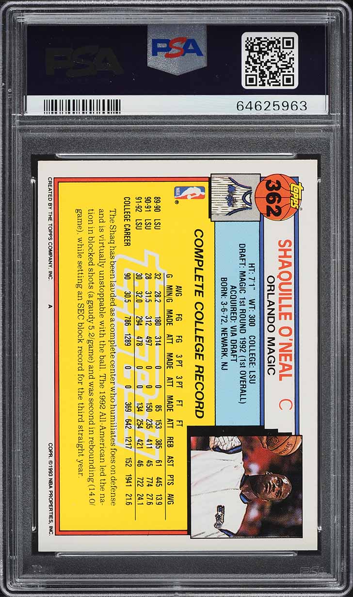 1992 Topps Gold Shaquille O'Neal ROOKIE #362 PSA 9 MINT