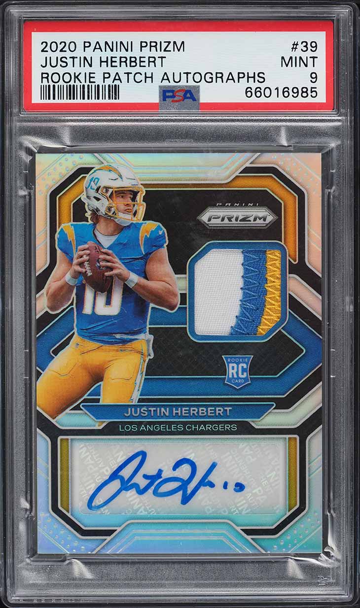 2020 Panini Prizm Silver Prizms Justin Herbert ROOKIE PATCH AUTO /99 #39 PSA 9