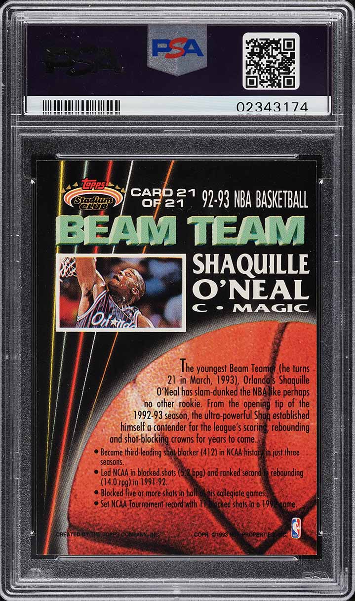 1992 Stadium Club Beam Team Shaquille O'Neal ROOKIE #21 PSA 10 GEM MINT