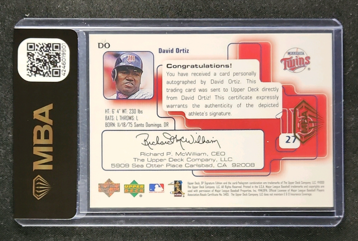 1999 SP Signature Autographs David Ortiz AUTO #DO MBA AUTH