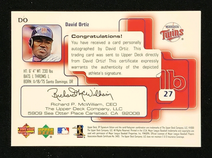 1999 SP Signature Autographs David Ortiz AUTO #DO MBA AUTH