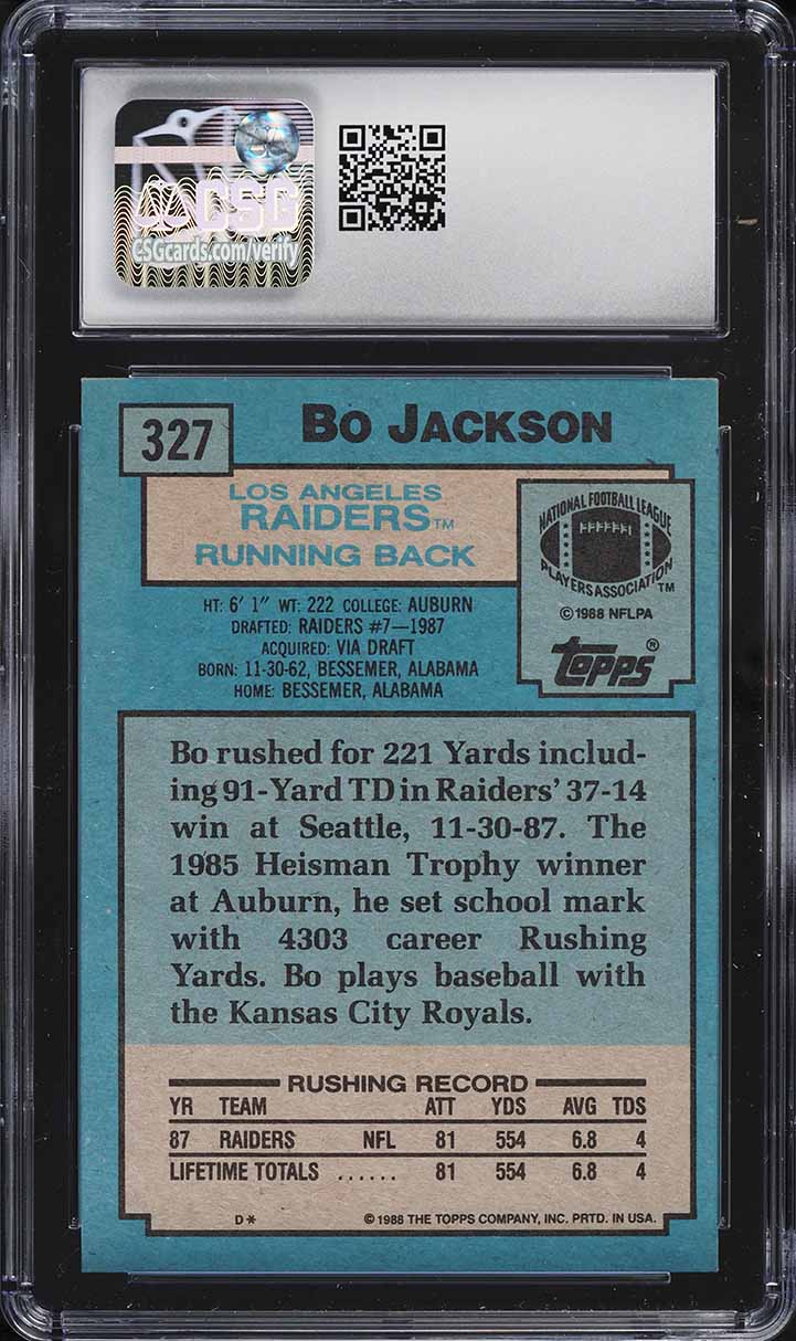 1988 Topps Football Bo Jackson ROOKIE #327 CSG 7 NRMT