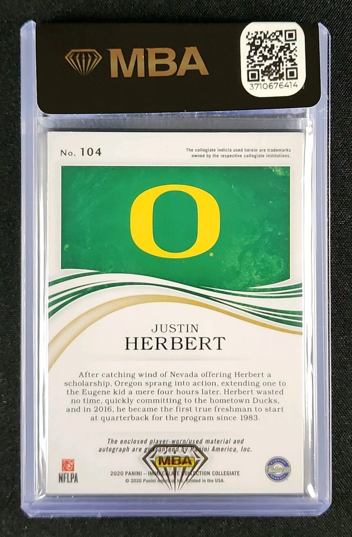 2020 Immaculate Collection Collegiate Justin Herbert RC PATCH AUTO /49 MBA AUTH