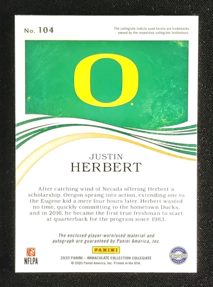 2020 Immaculate Collection Collegiate Justin Herbert RC PATCH AUTO /49 MBA AUTH