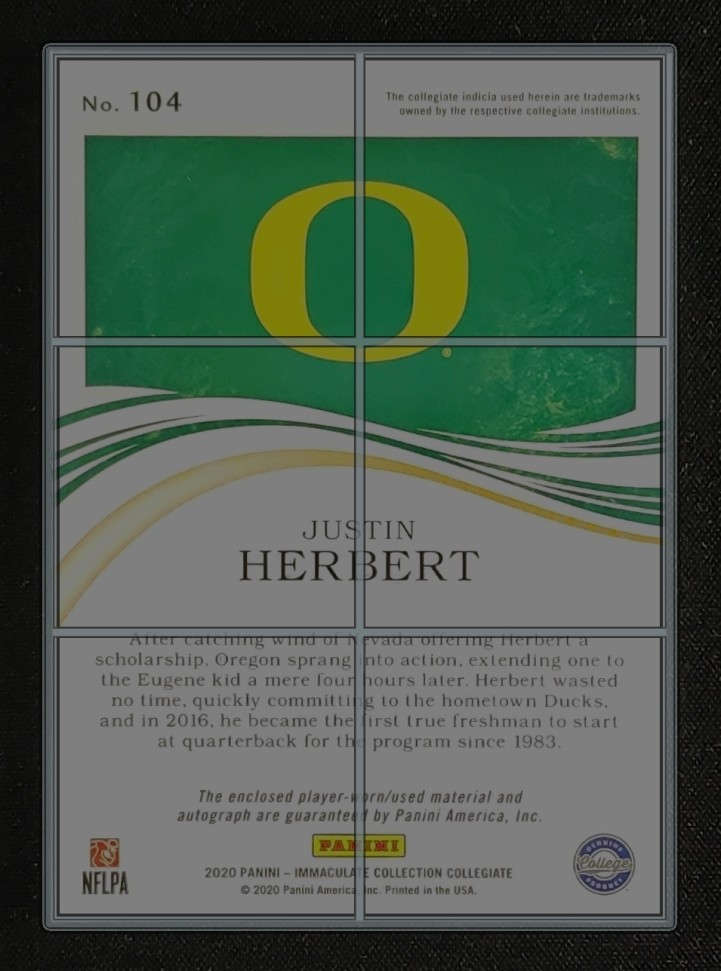 2020 Immaculate Collection Collegiate Justin Herbert RC PATCH AUTO /49 MBA AUTH