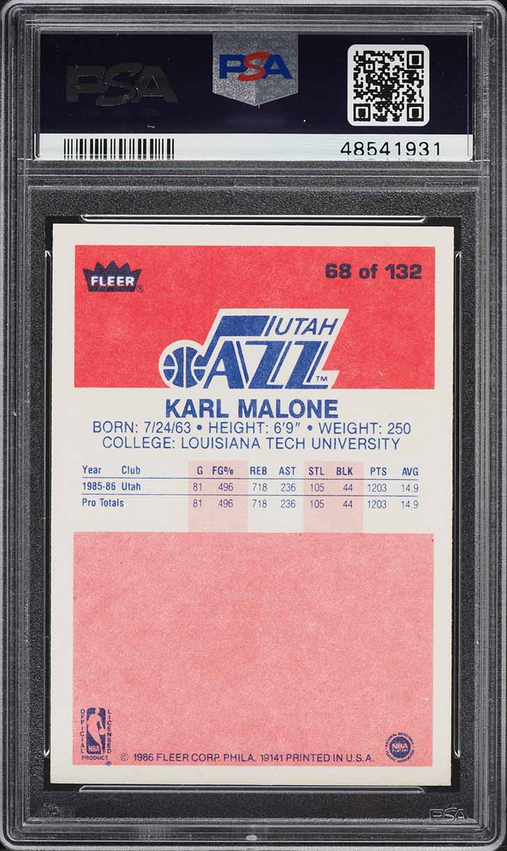 1986 Fleer Basketball Karl Malone ROOKIE #68 PSA 8.5 NM-MT+
