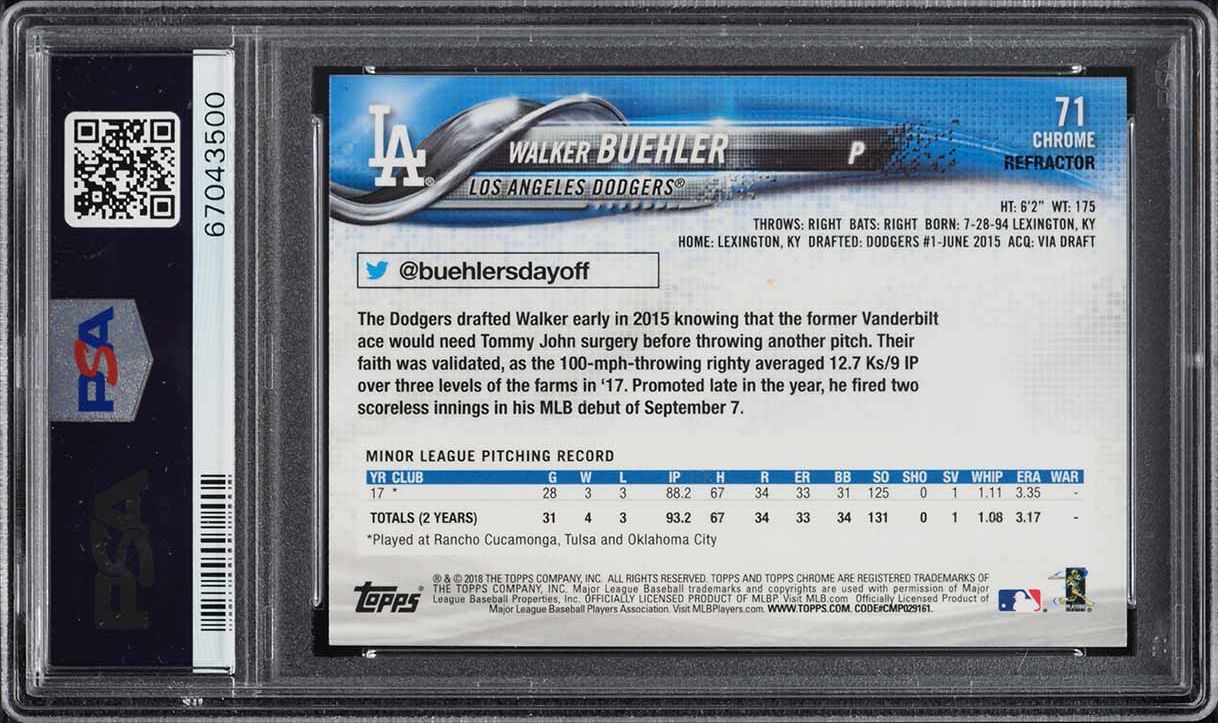 2018 Topps Chrome Refractor Walker Buehler ROOKIE #71 PSA 9 MINT