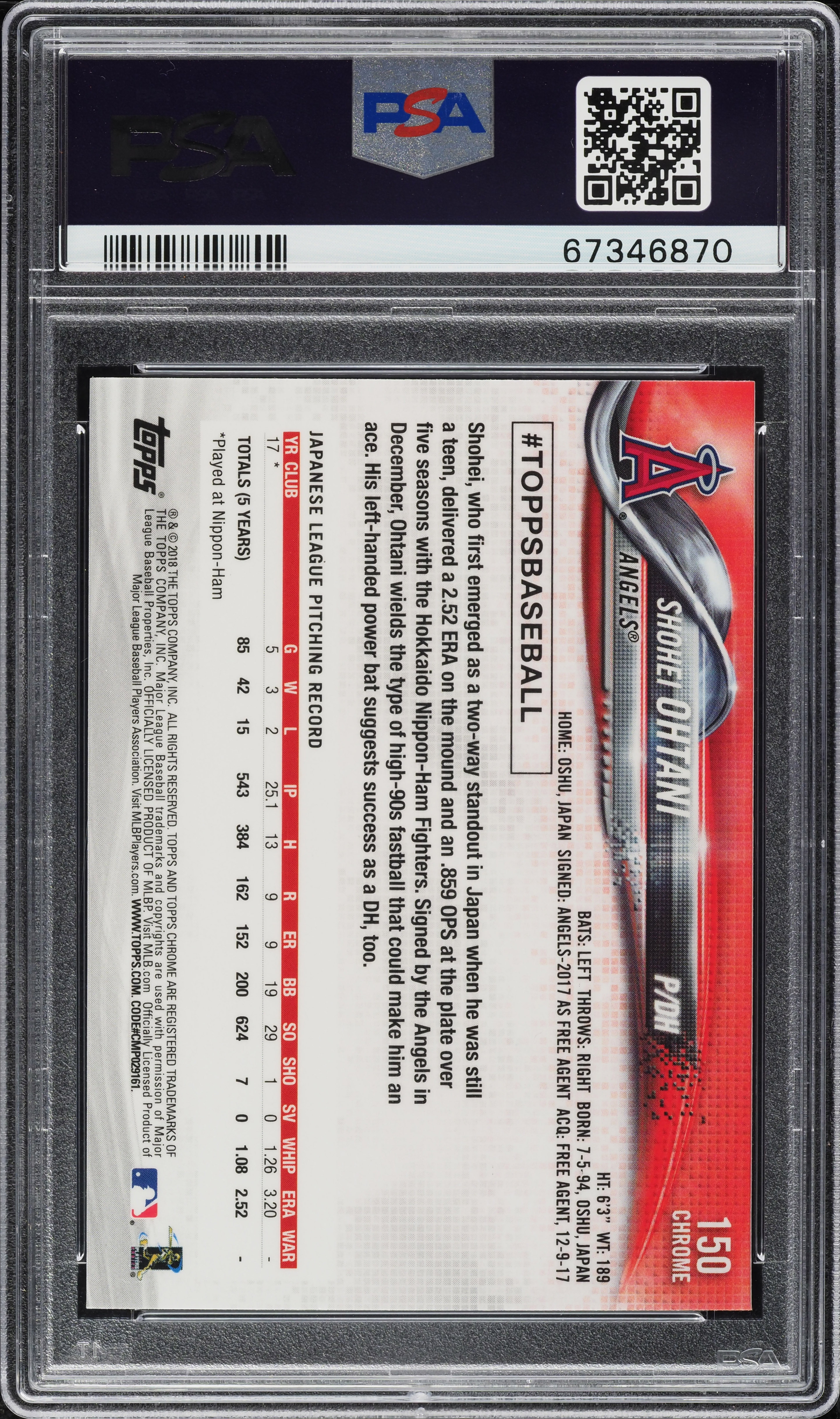 2018 Topps Chrome Prism Refractor Shohei Ohtani ROOKIE #150 PSA 10 