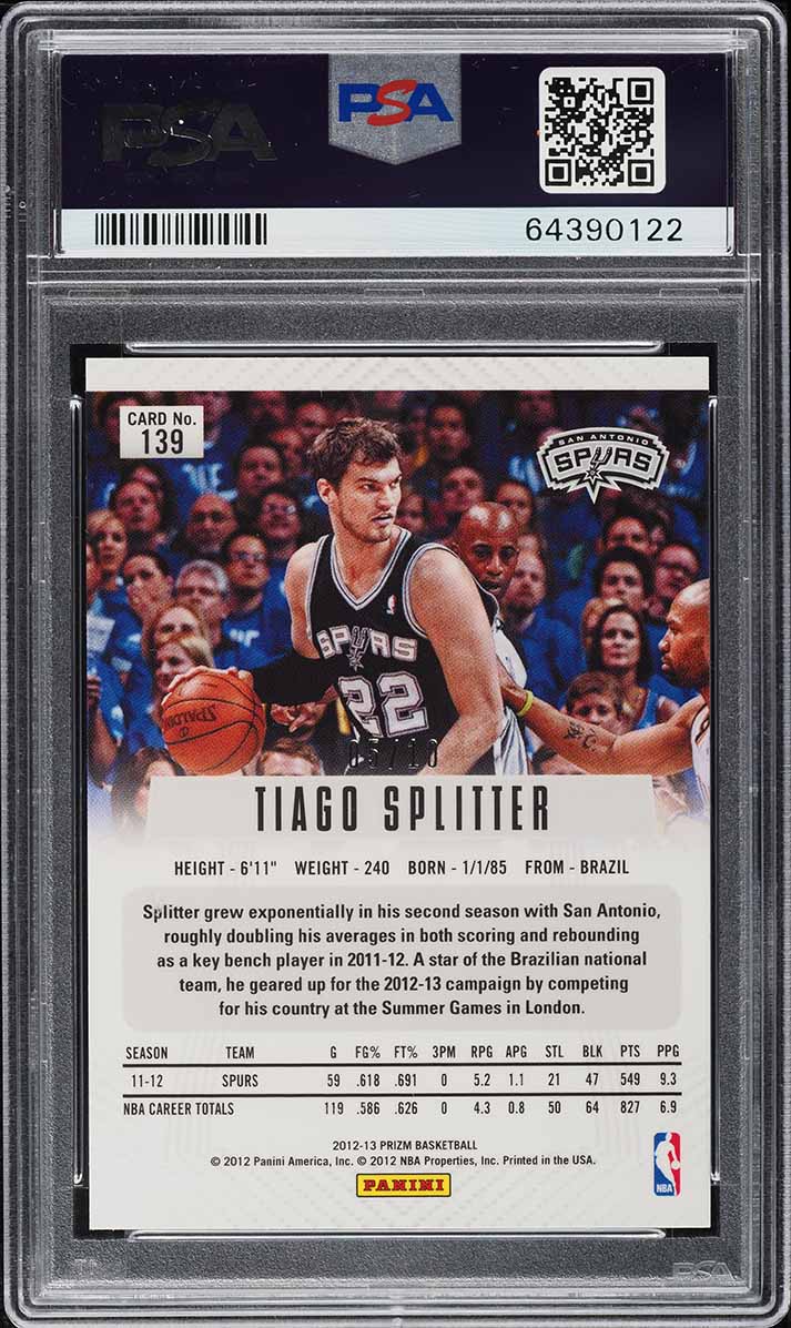 2012 Panini Prizm Gold Tiago Splitter /10 #139 PSA 9 MINT