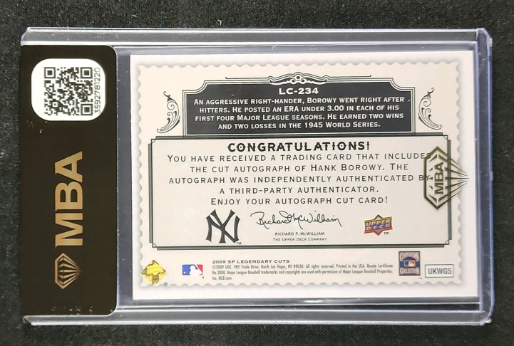2009 SP Legendary Cuts Legendary Cut Hank Borowy AUTO /33 #LC-234 MBA AUTH